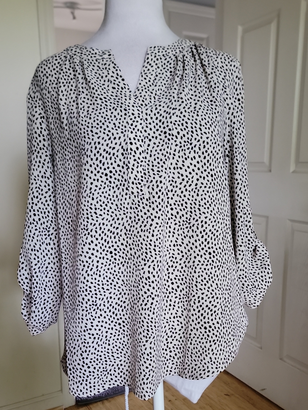 Polished Black Dot Print V-Neck Blouse - White/Black